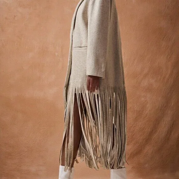 Light Grey Casual Women's Long Sleeves Fringed Hem Tweed Coat - Picture 5 of 8